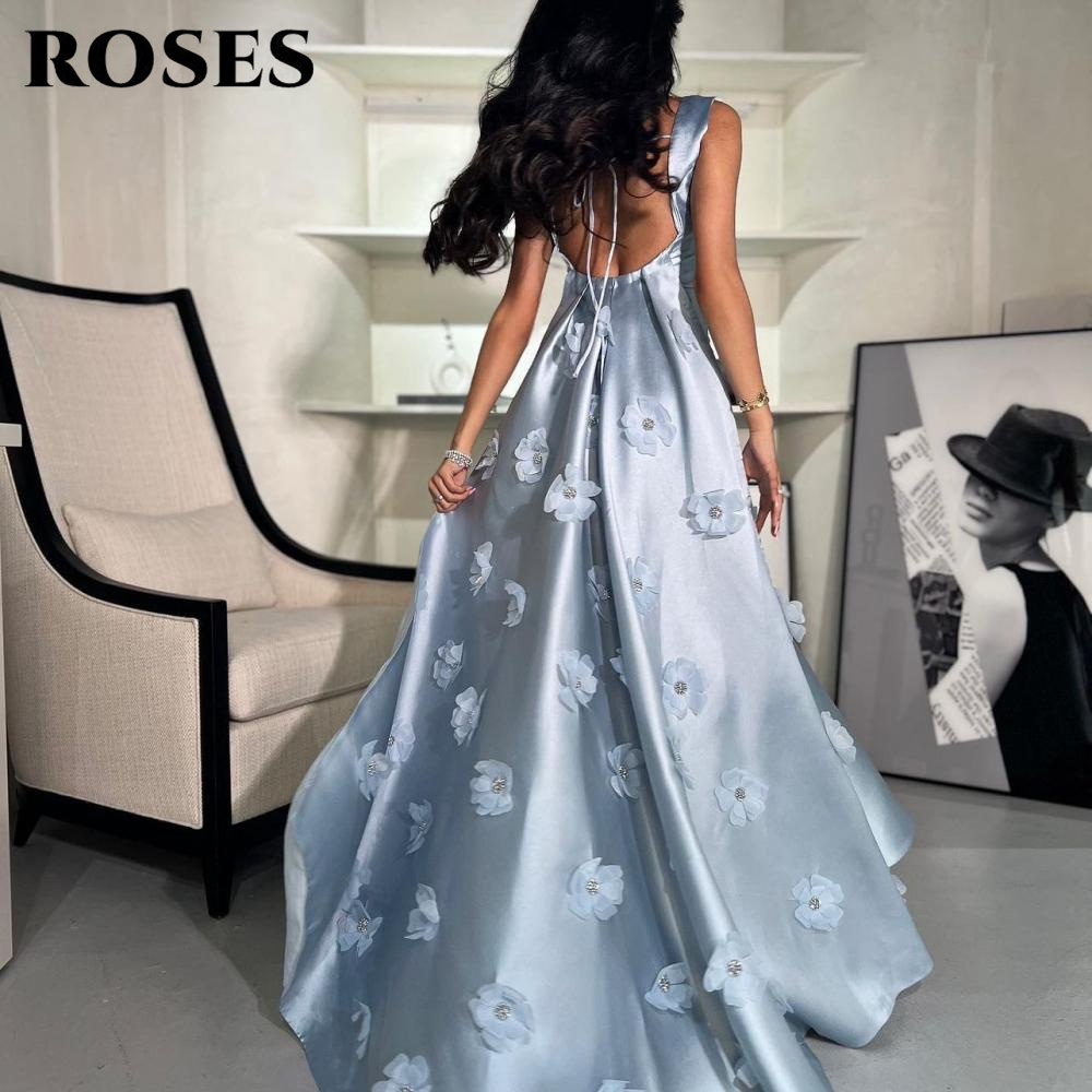 Custom Night Sky - ROSES Himmelblaue Partykleider mit 3D-Blumen, offener