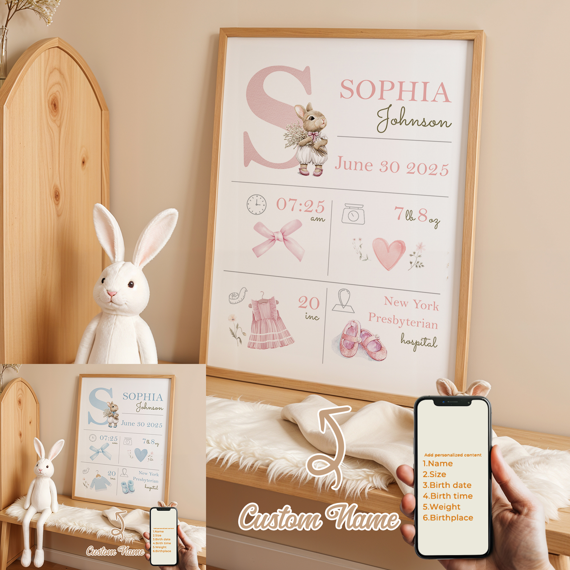 Personalized Name Box - Personalisierter, individueller Cartoon-Kindergeburtsgeschenk-Wandkunstdruck, Bild auf Leinwand,