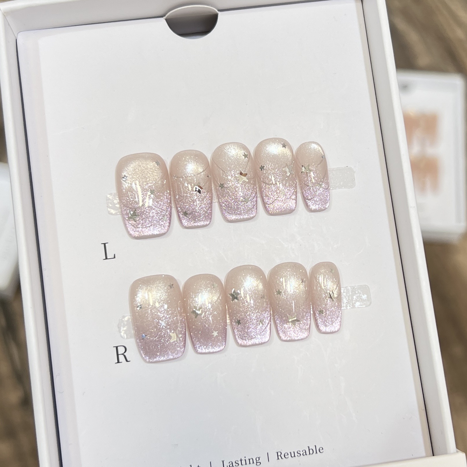 Pressed Flower Art - 10 Stück französische blaue glänzende Blumen-Press-On-Nägel,