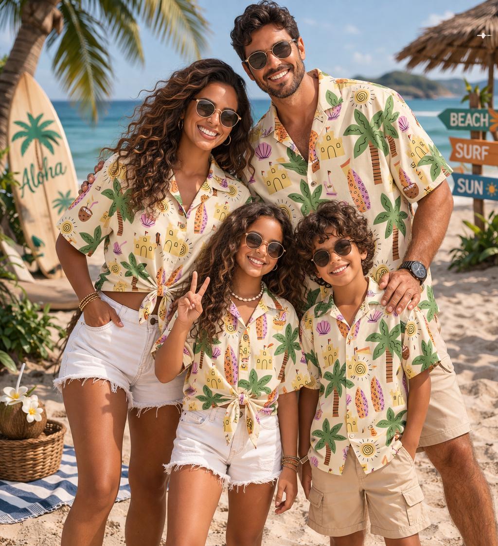 Family Tree Print - Hawaiianisches Kinderhemd mit Pflanzen-, Blumen- und