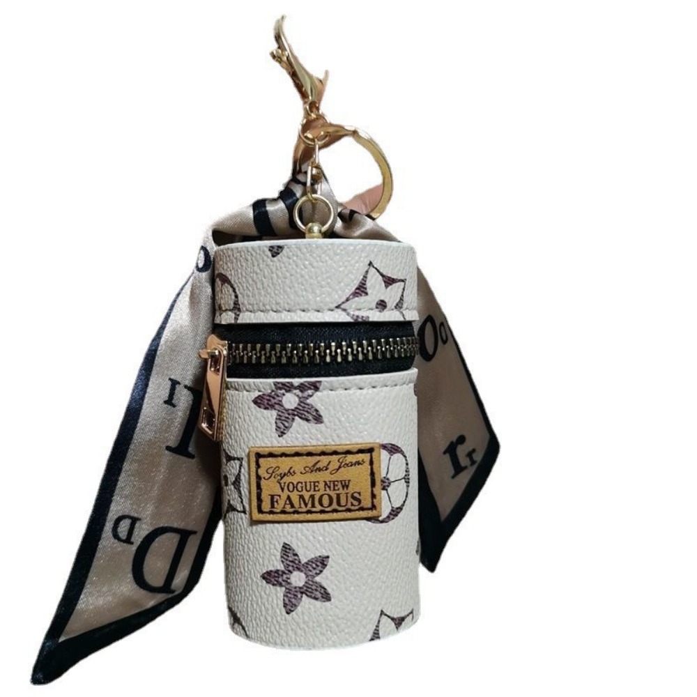 Monogram Keychain Leather - Off-White Blumenmonogramm Zylindrisches Mini-Lippenstiftetui Schwarz-Gold Reißverschluss-Ohrhörer-Münzbeutel