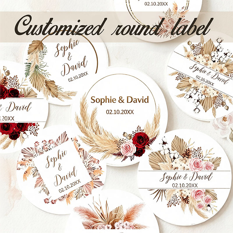 Personalized Name Box - Personalisierte Boho Getrocknete Pampasgras-Palmblatt-Hochzeitsaufkleber mit individuellem