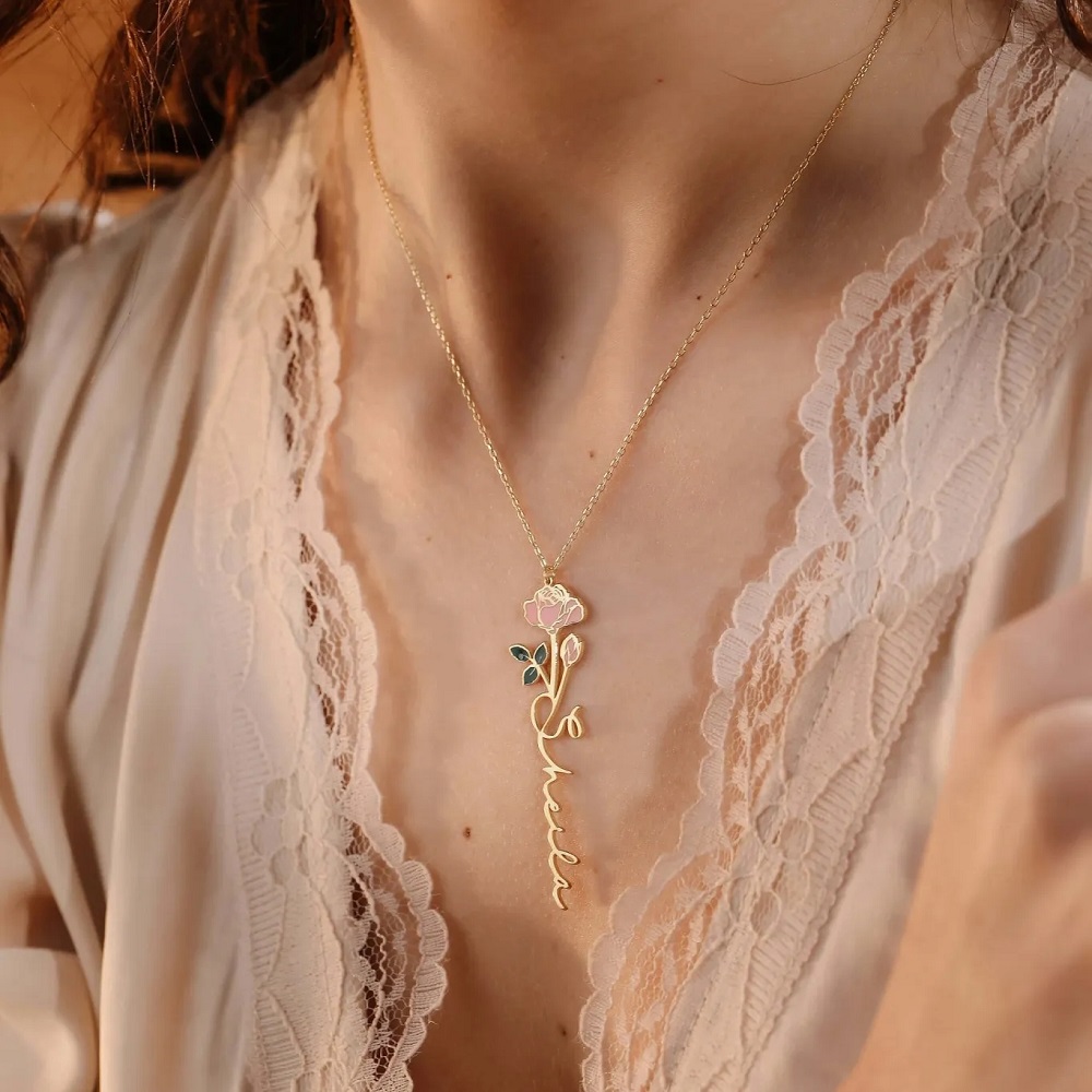 Birth Flower Necklace - Personalisierte Namenskette mit Geburtsblume, individueller floraler