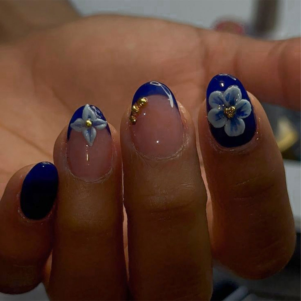 Pressed Flower Art - 24 Stück Kurze Ovale 3D Gel-Nagelaufkleber,