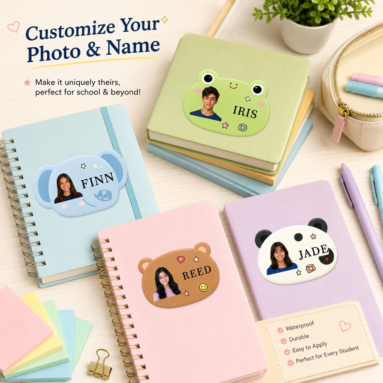 Custom Photo Book - Personalisierte Foto-Namensaufkleber, niedliche, tierförmige Namensschilder, erhältlich