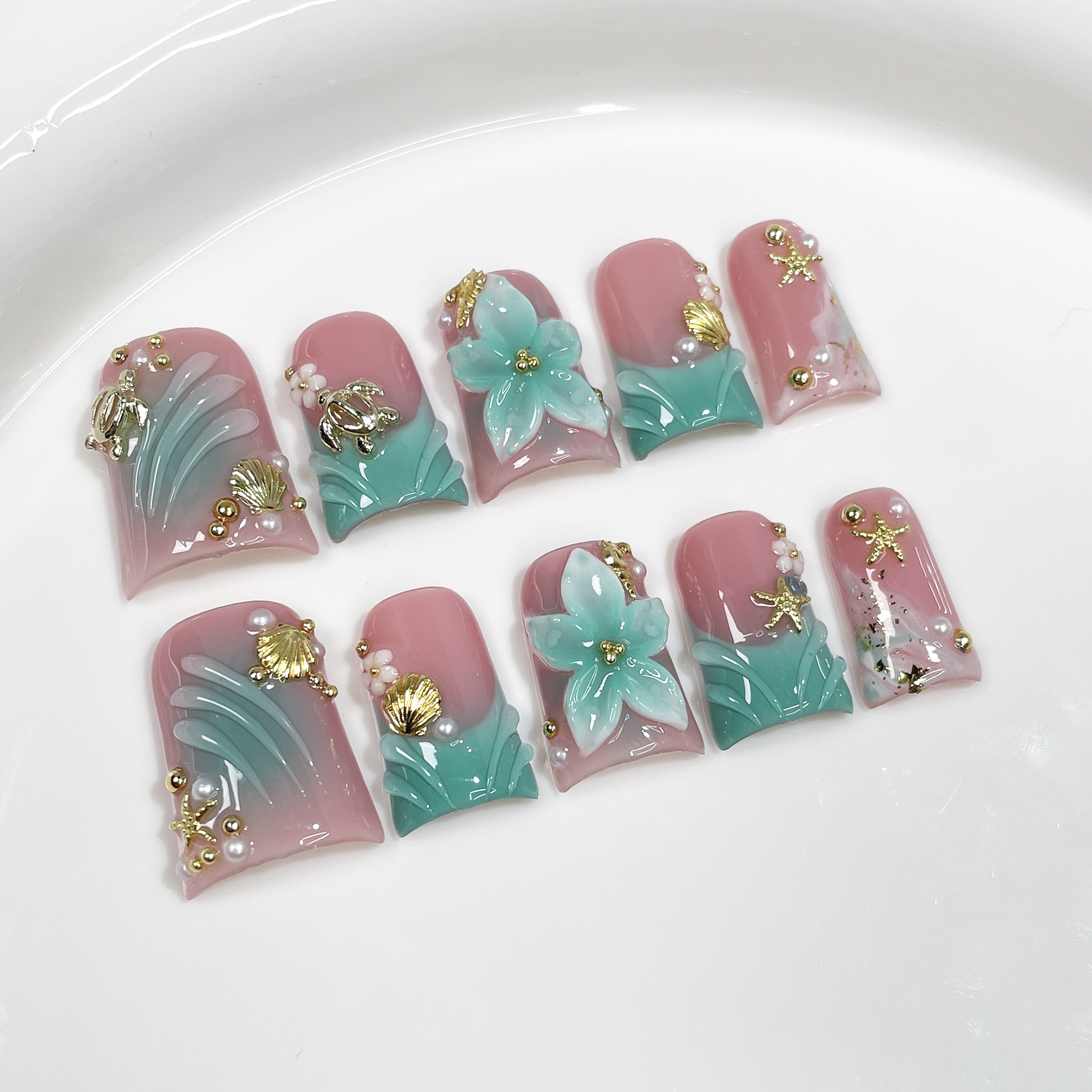 Pressed Flower Art - 10 Stück künstliche Nägel im Ozean-Stil,