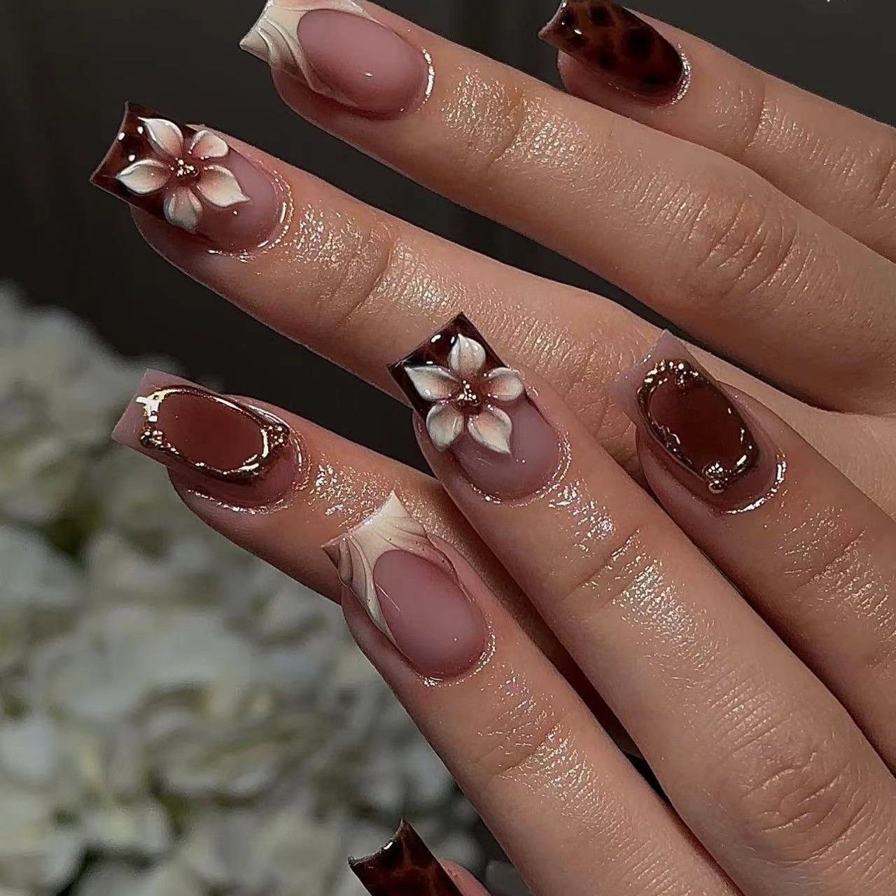 Pressed Flower Art - Kurze, quadratische Kunstnägel für Damen und