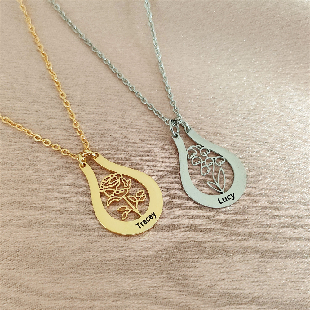 Birth Flower Necklace - Gravierte Namens-Geburtsblumen-Halskette, individuelle Geburtsblumen-Vasen-Namen-Anhänger-Halsketten für Frauen,