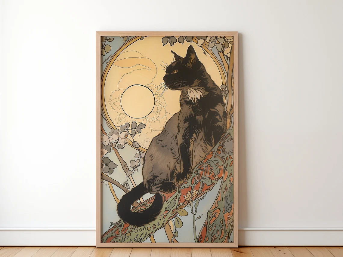 Family Tree Print - Schwarze Katze, die auf einem Ast